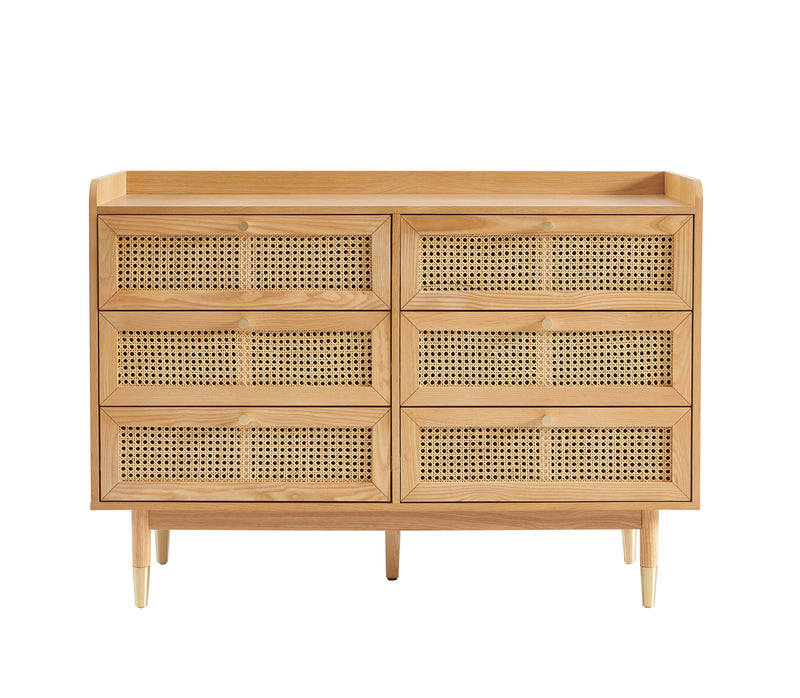 Commode Leon - Placage Chêne Et Cannage Rotin 6 Tiroirs