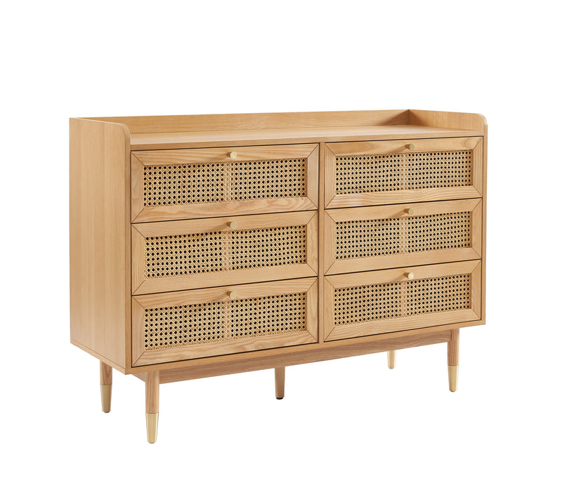 Commode Leon - Placage Chêne Et Cannage Rotin 6 Tiroirs