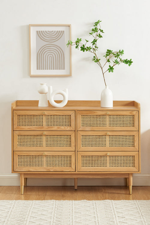 Commode Leon - Placage Chêne Et Cannage Rotin 6 Tiroirs