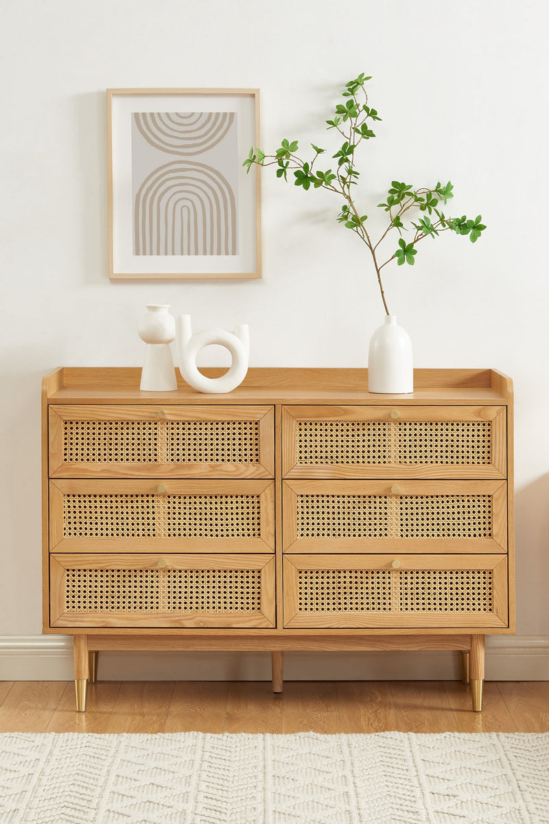 Commode Leon - Placage Chêne Et Cannage Rotin 6 Tiroirs