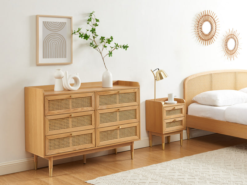 Commode Leon - Placage Chêne Et Cannage Rotin 6 Tiroirs