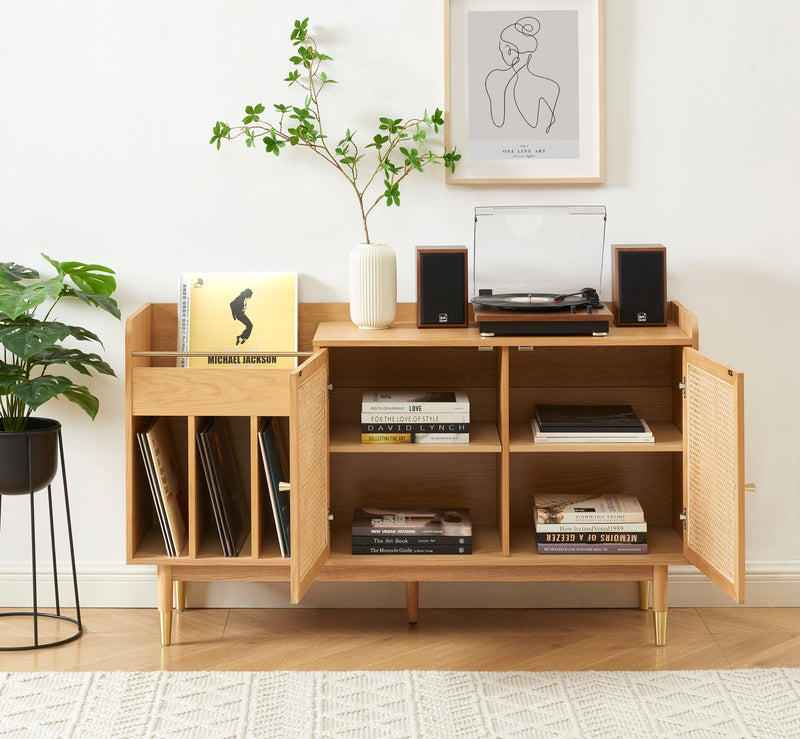 Meuble Vinyle Leon - Placage Chêne Et Cannage Rotin