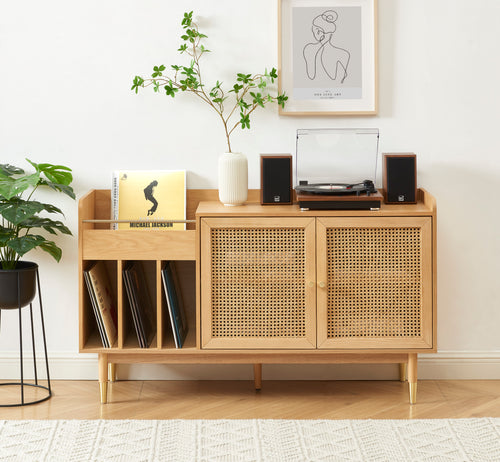 Meuble Vinyle Leon - Placage Chêne Et Cannage Rotin