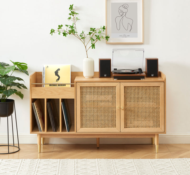 Meuble Vinyle Leon - Placage Chêne Et Cannage Rotin