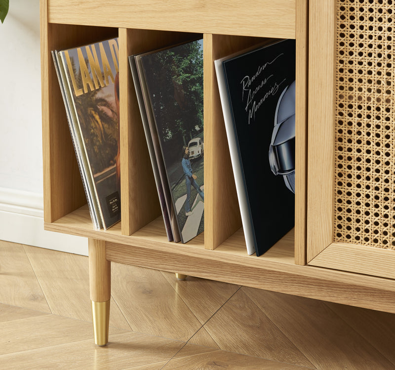 Meuble Vinyle Leon - Placage Chêne Et Cannage Rotin