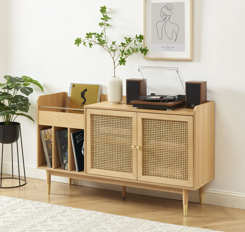 Meuble Vinyle Leon - Placage Chêne Et Cannage Rotin