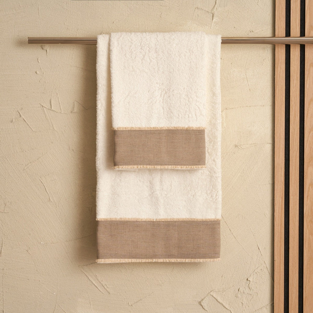 Nicol Cotton Terry Bath and Guest Towel Set 430 G with Linen and Cotton Frill - Ivory