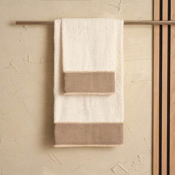 Ensemble De Serviettes De Toilette Et D'Invités Nicol En Éponge De Coton 430 G Avec Volant En Lin Et Coton - Ivoire