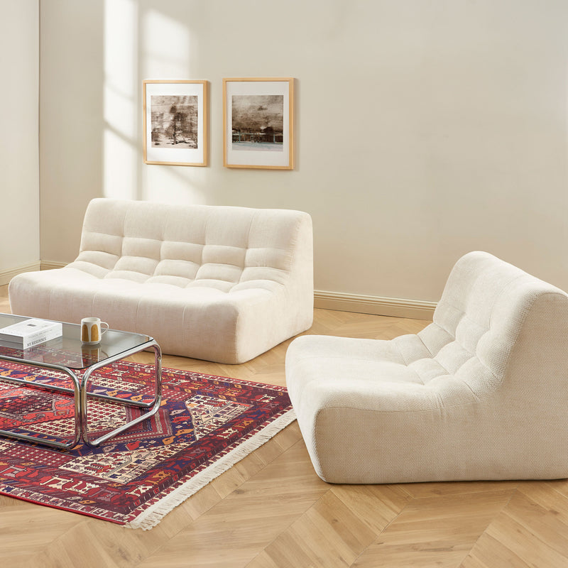 Ensemble Banquette Et Chauffeuse Janis Modulable 3 Places - Tissu Chenille Écru