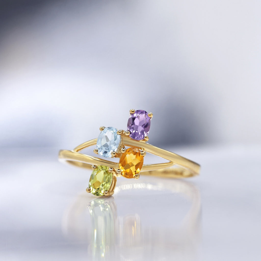 Bague "Bornéo" Améthyste 0,18/1, Topaze Bleue 0,24/1, Citrine 0,18/1 Et Péridot - Or Jaune 375/1000