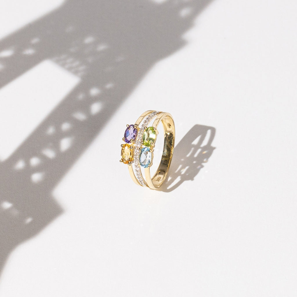 Anillo "Cayuga" con diamantes 0,1/20, peridoto, topacio, amatista y citrino 1,07/4 - Oro amarillo 375/1000