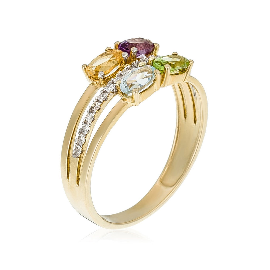 Anillo "Cayuga" con diamantes 0,1/20, peridoto, topacio, amatista y citrino 1,07/4 - Oro amarillo 375/1000