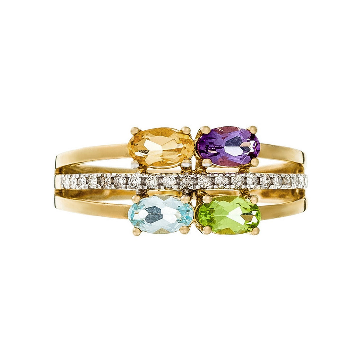 Anillo "Cayuga" con diamantes 0,1/20, peridoto, topacio, amatista y citrino 1,07/4 - Oro amarillo 375/1000