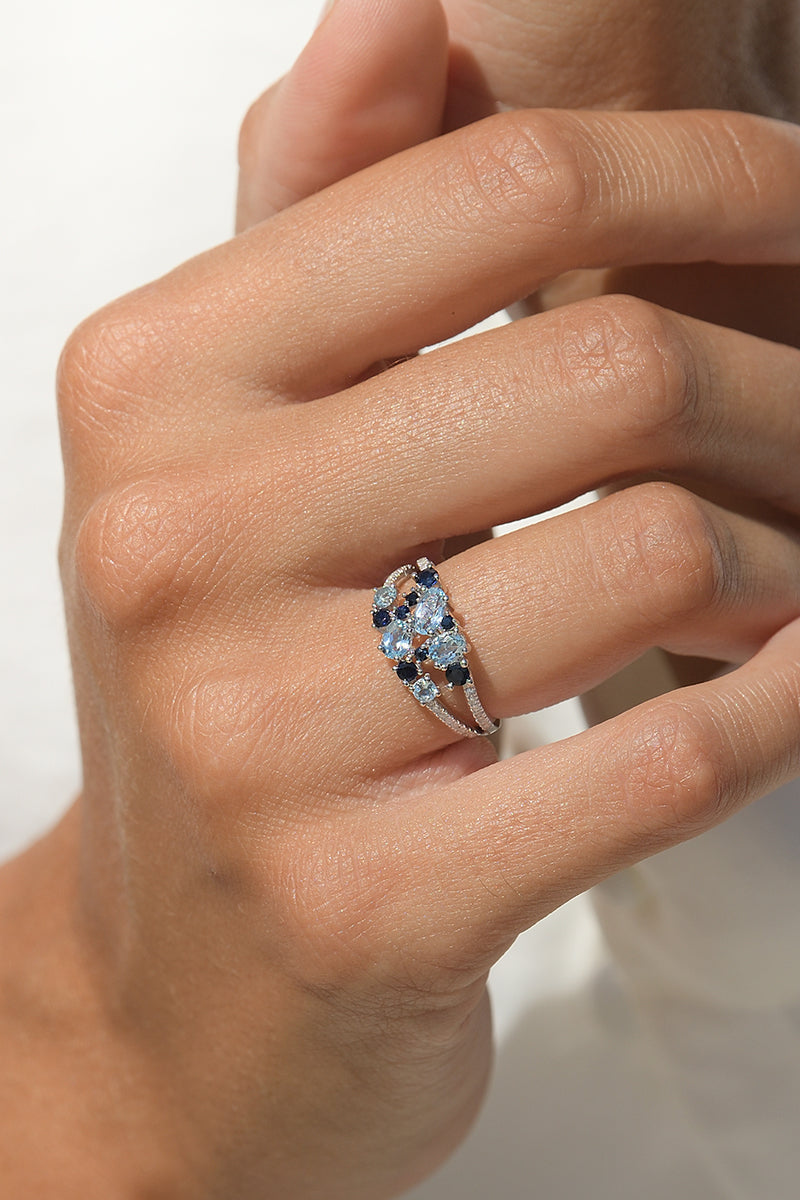 Bague "Saphir Elixir" D0,10/32 & Topaze Bleue 1,03/5 & Saphir 0,5/8 - Or Blanc 375/1000