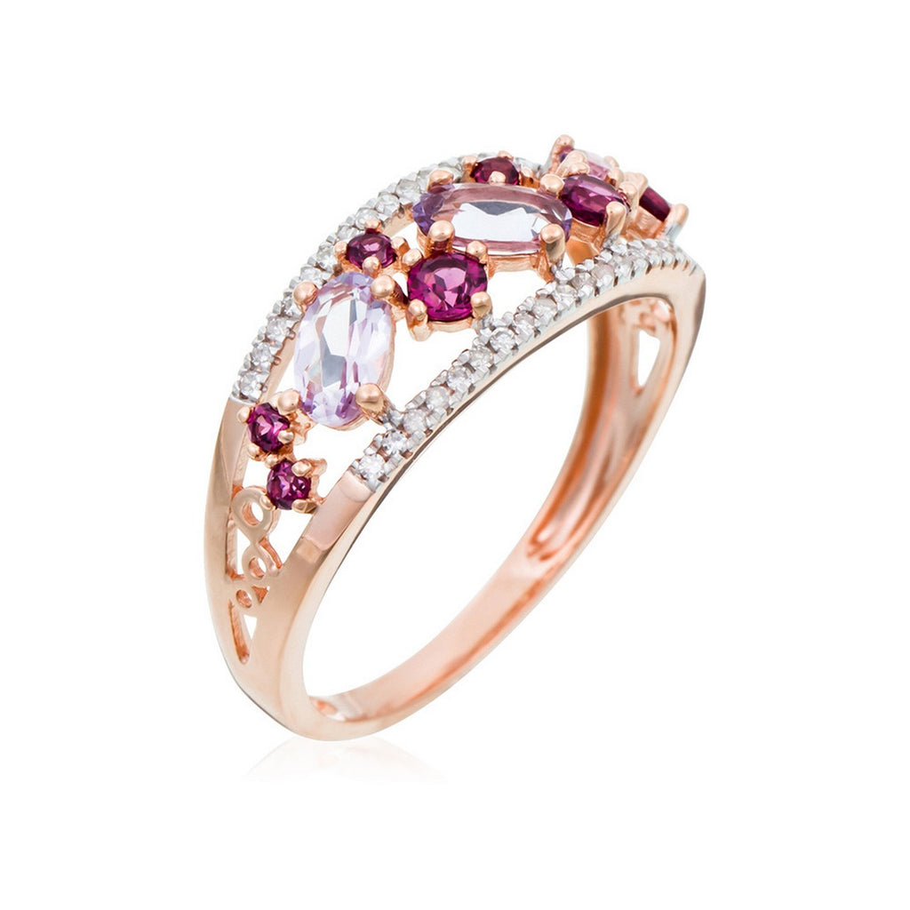 Bague "Amore" 0,12/36, Rhodolite Garnet 0,37/8 Et Améthyste Rose 0,53/3 - Or Rose 375/1000