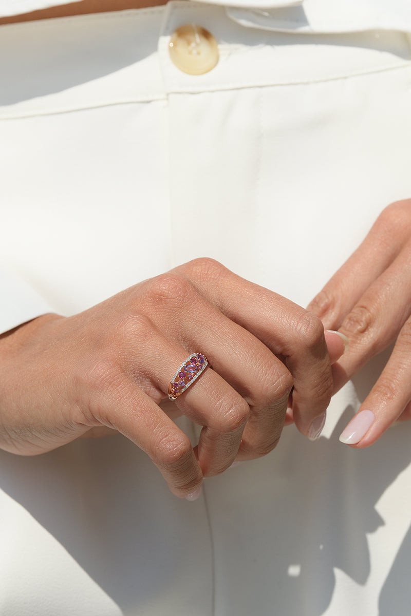 Bague "Amore" 0,12/36, Rhodolite Garnet 0,37/8 Et Améthyste Rose 0,53/3 - Or Rose 375/1000
