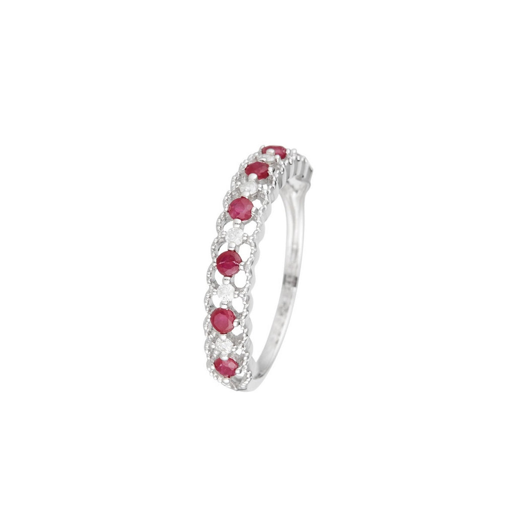 Anillo “Koh Samui” Diamantes 0.09/6 y Rubí 0.39/7 – Oro blanco 375/1000