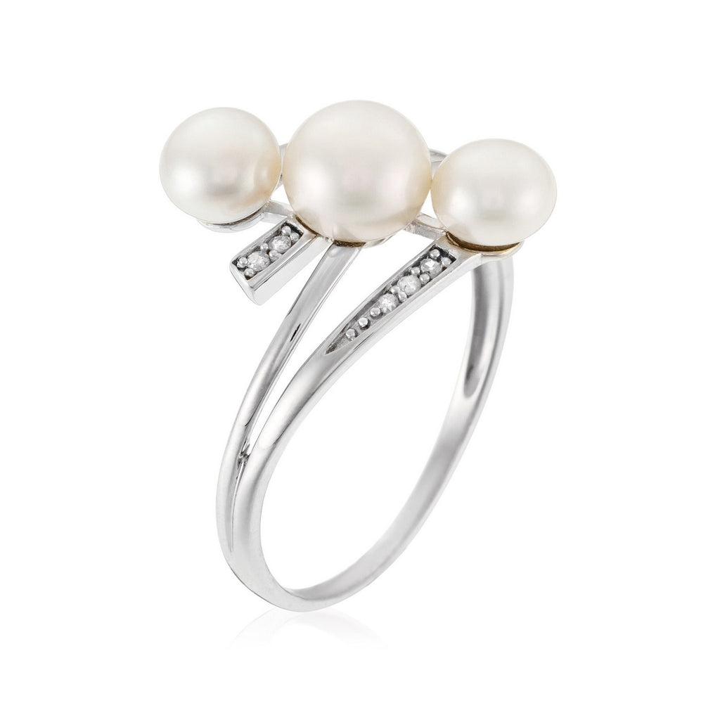 "Kawai" Ring D0.03/5 & Pearls - White Gold 375/1000