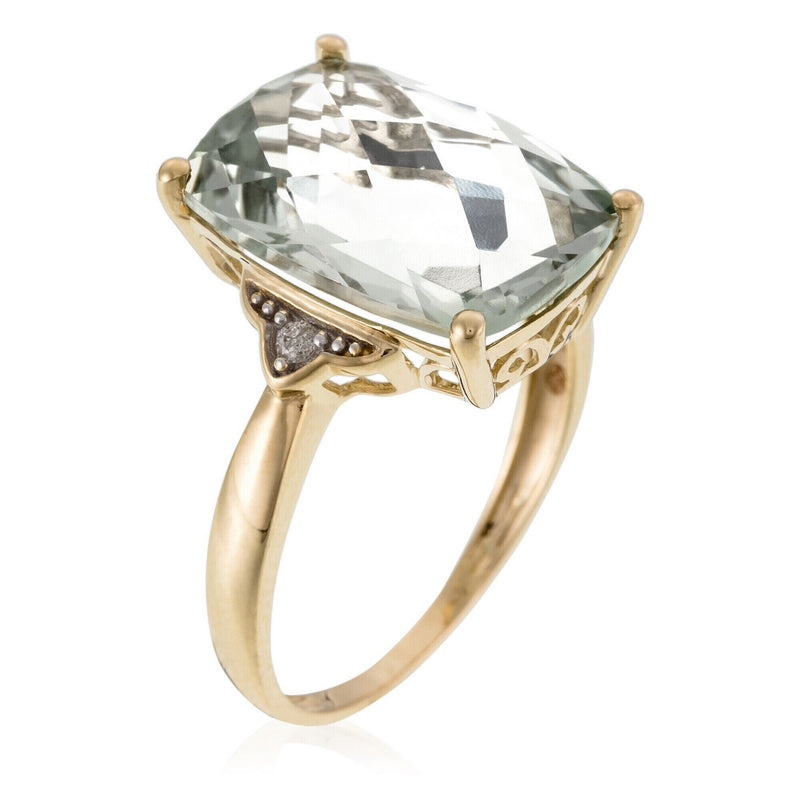 "Green Hill" Ring D0.03/2 & Green Quartz 6.63/1 - 375/1000 Yellow Gold
