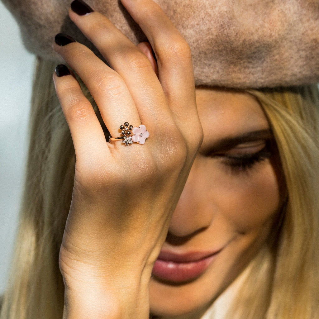 "Blossoms" Ring, Pink Ceramic, Dia0,041/8 - 375/1000 Rose Gold