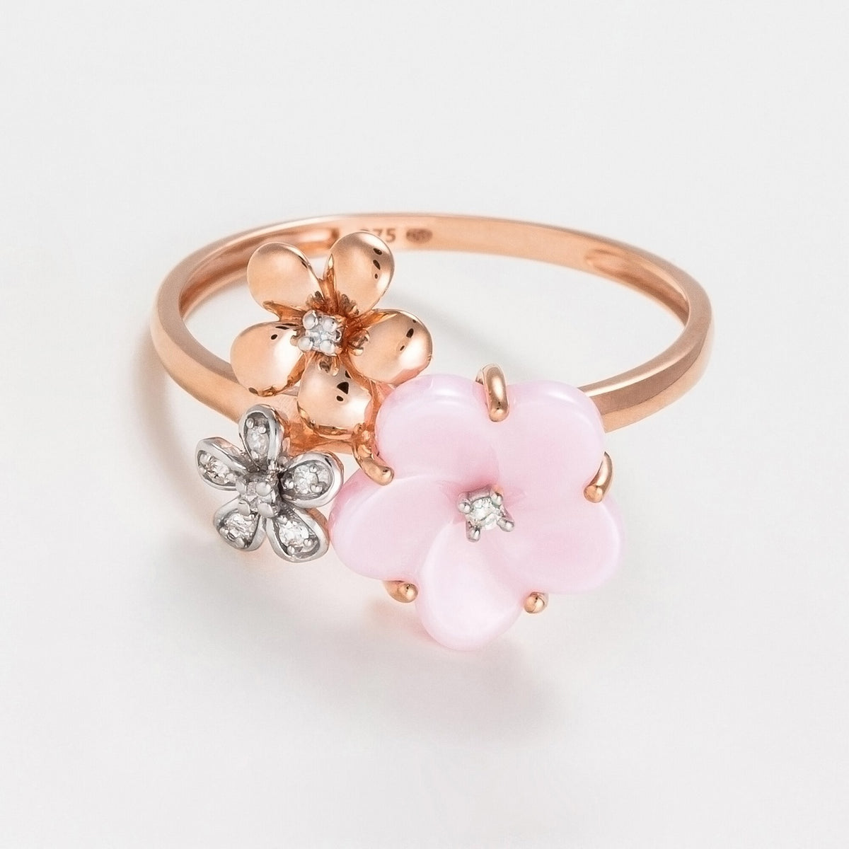 "Blossoms" Ring, Pink Ceramic, Dia0,041/8 - 375/1000 Rose Gold