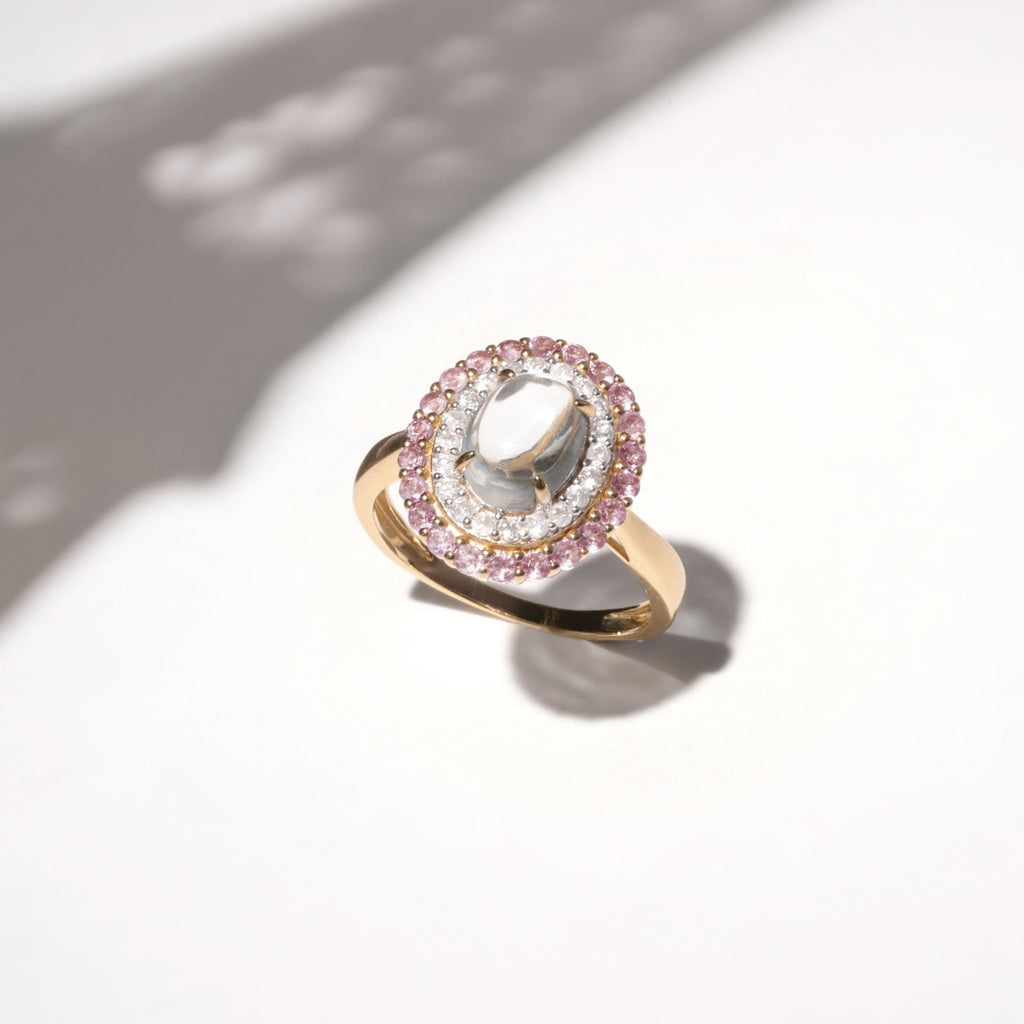 "Apayao" Ring Diamonds 0,19/20, Pink Amethyst 0,40/22 and Blue Topaz 1,7 - 375/1000 Yellow Gold