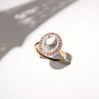 "Apayao" Ring Diamonds 0,19/20, Pink Amethyst 0,40/22 and Blue Topaz 1,7 - 375/1000 Yellow Gold