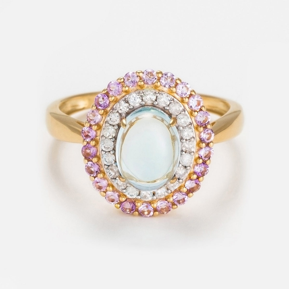 "Apayao" Ring Diamonds 0,19/20, Pink Amethyst 0,40/22 and Blue Topaz 1,7 - 375/1000 Yellow Gold