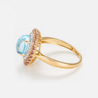 "Apayao" Ring Diamonds 0,19/20, Pink Amethyst 0,40/22 and Blue Topaz 1,7 - 375/1000 Yellow Gold