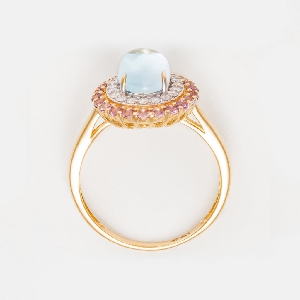 "Apayao" Ring Diamonds 0,19/20, Pink Amethyst 0,40/22 and Blue Topaz 1,7 - 375/1000 Yellow Gold