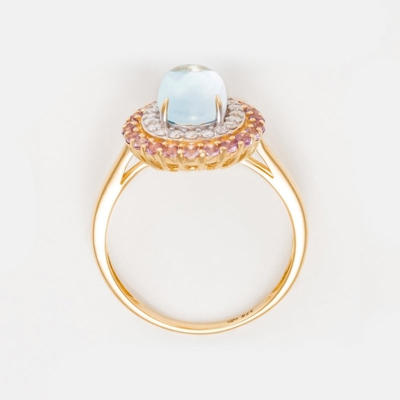 Bague "Apayao" Diamants 0,19/20, Améthyste Rose 0,40/22 Et Topaze Bleue 1,7 - Or Jaune 375/1000