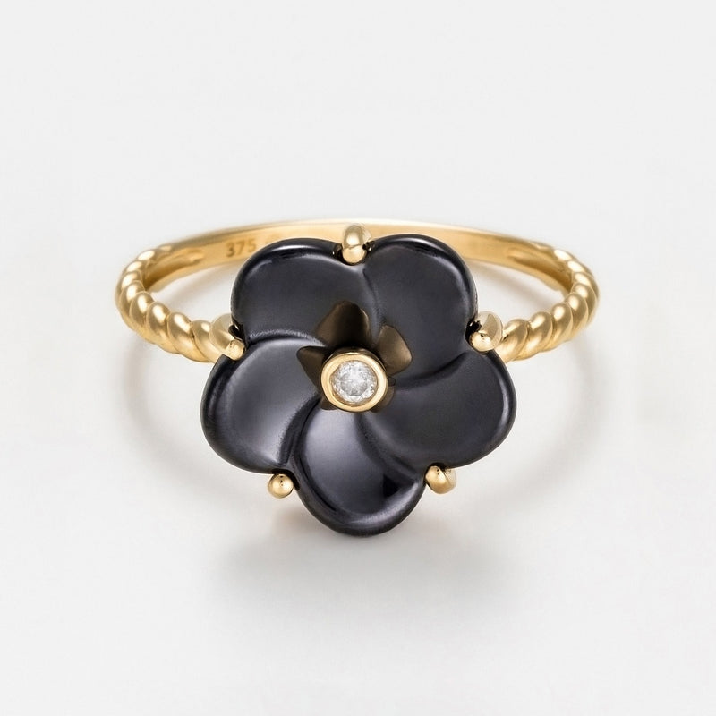 Bague Ceramique "Fleur Noire" Diamant 0,0315/1 - Or Jaune 375/1000