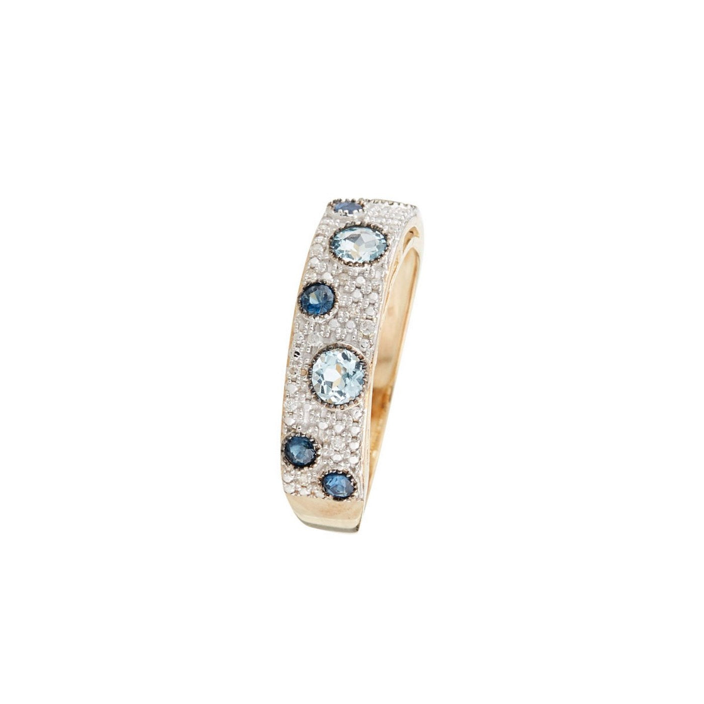 "Majunga" Ring, D 0.0035/16, Sapphire 0.1/4, Blue Topaz 0.176/3 - 375/1000 Yellow Gold