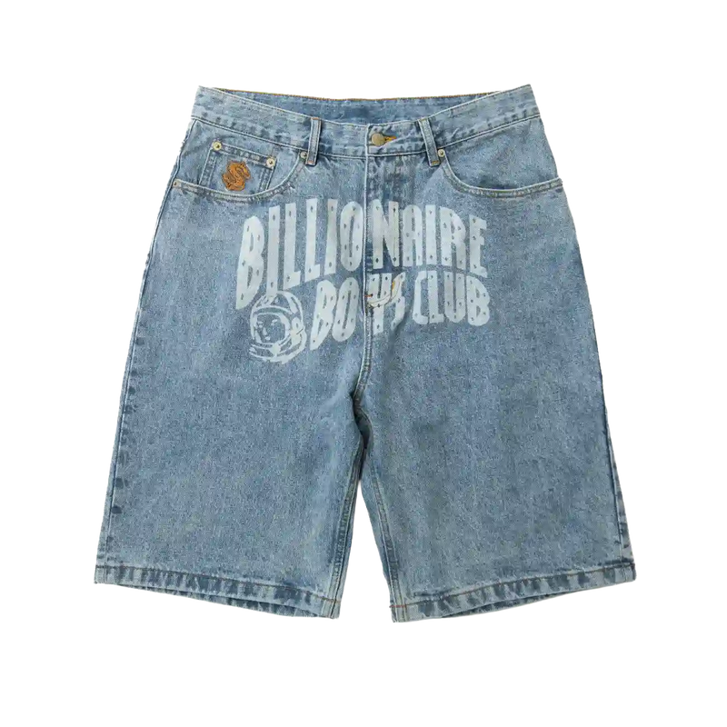 Billionaire Boys Club - Shorts vaqueros con logo en forma de arco desteñido en azul con lavado claro