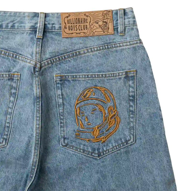 Billionaire Boys Club - Shorts vaqueros con logo en forma de arco desteñido en azul con lavado claro