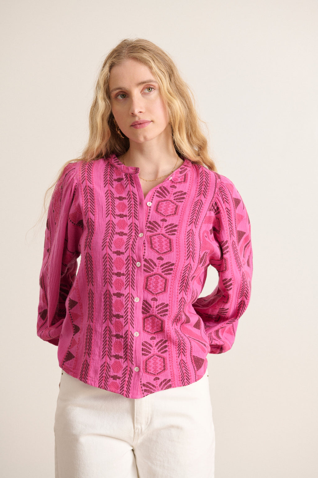 Haut à col rond et à manches longues Blouse à motifs géométriques bordeaux printemps femme 