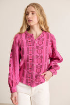 Blouse ample vêtement femme motifs jacquard col rond manches larges boutonnées 