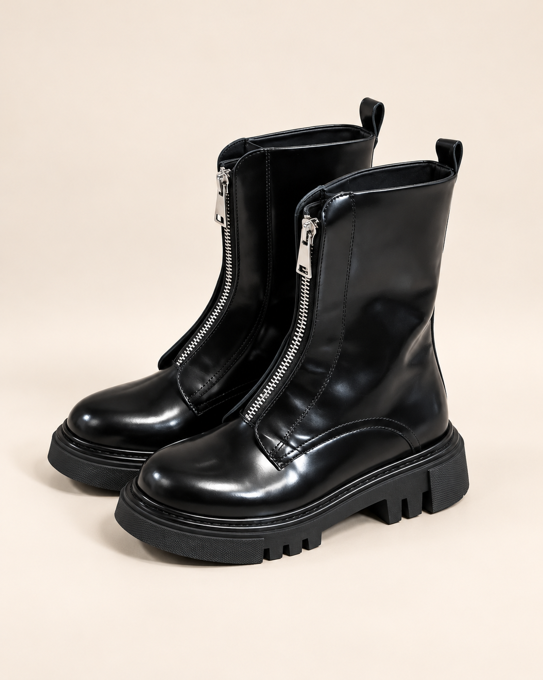 CAZABAT – Zipboot - Boot In Black Lambskin, sorte laklæderstøvler med lynlås foran