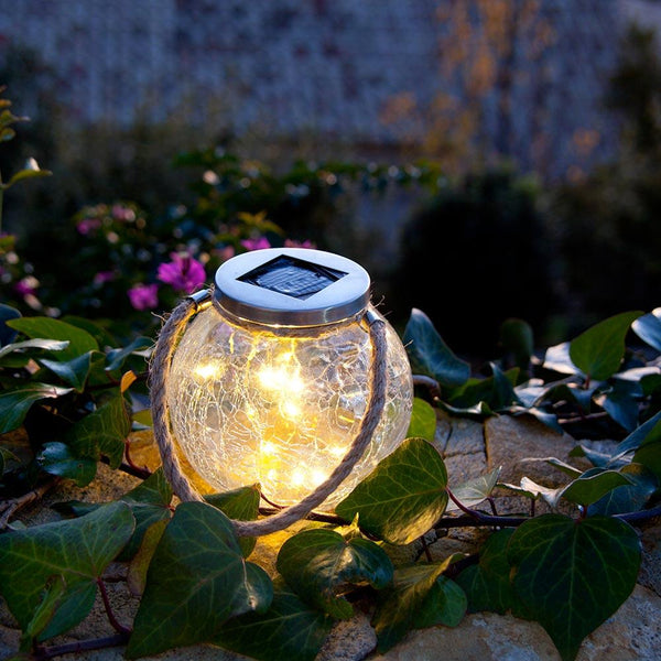 Juego de 2 bolas solares de vidrio agrietado para colocar con mango de cuerda micro LED CRACK BALL CORD blanco cálido Al.13cm - REDDECO.com