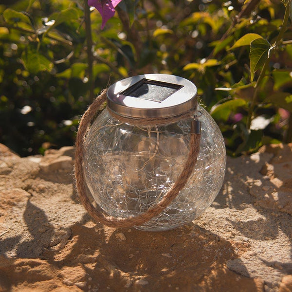 Set of 2 crackled glass solar balls to place with rope handle micro warm white LED CRACK BALL CORD H13cm - REDDECO.com