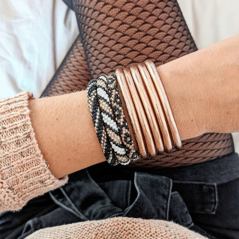 Bracelet Népalais #8 - Noir, Blanc Et Champagne