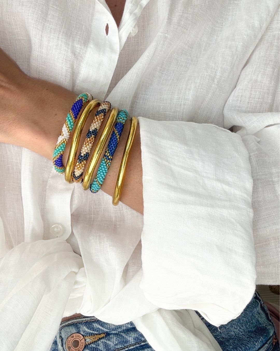 Bracelet Népalais #95 - Bleu Et Doré