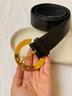 Ceinture Givenchy Vintage - Cuir Noir Et Boucle Logo Doré