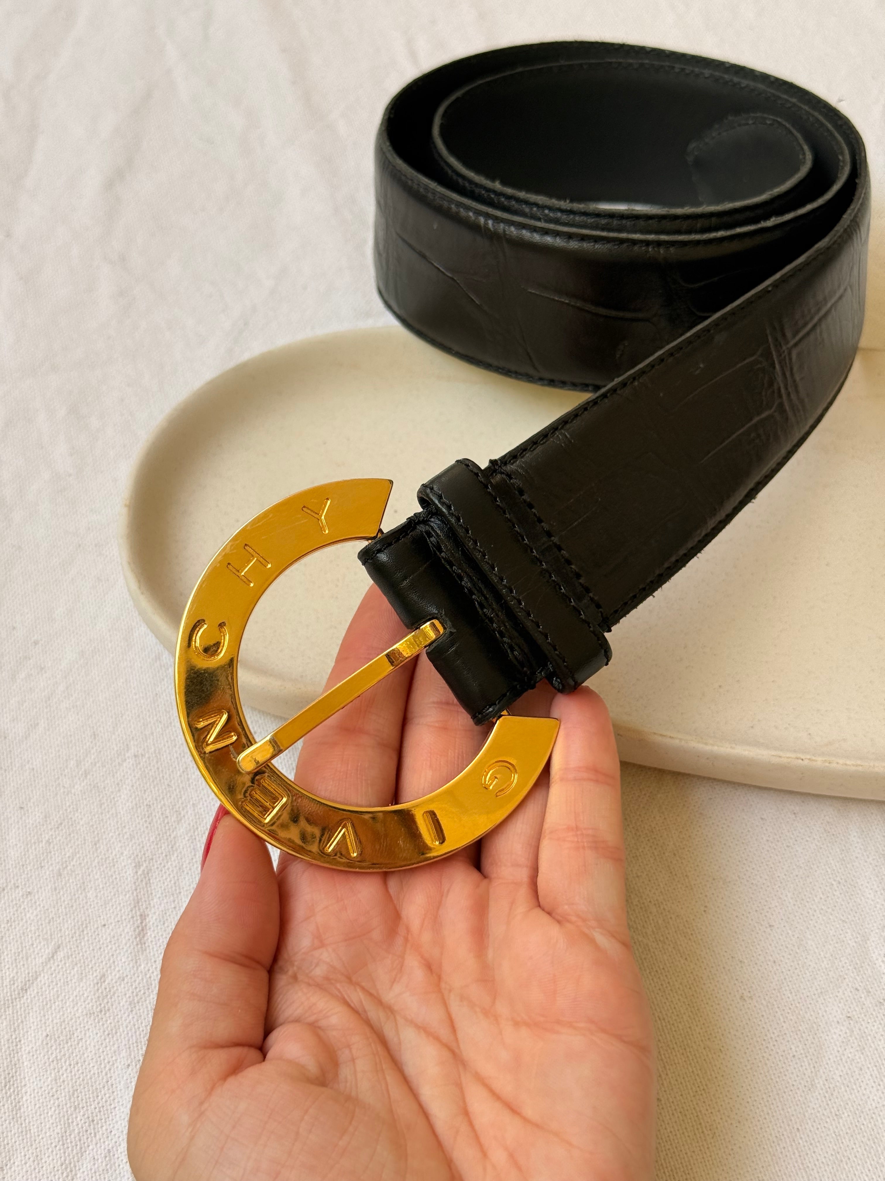 Ceinture Givenchy Vintage - Cuir Noir Et Boucle Logo Doré