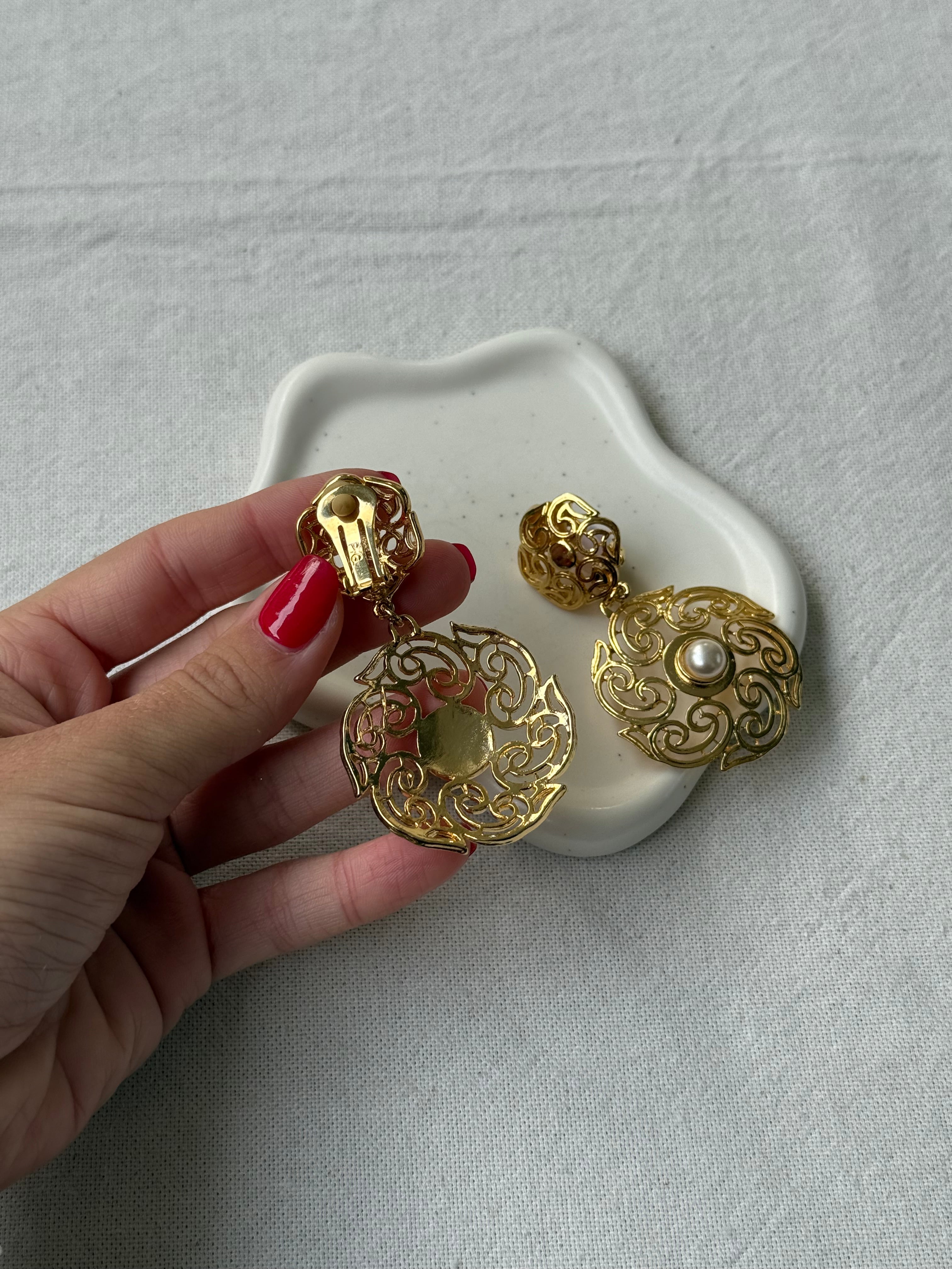 Pendientes Vintage - Colgantes Arabescos Y Perlas