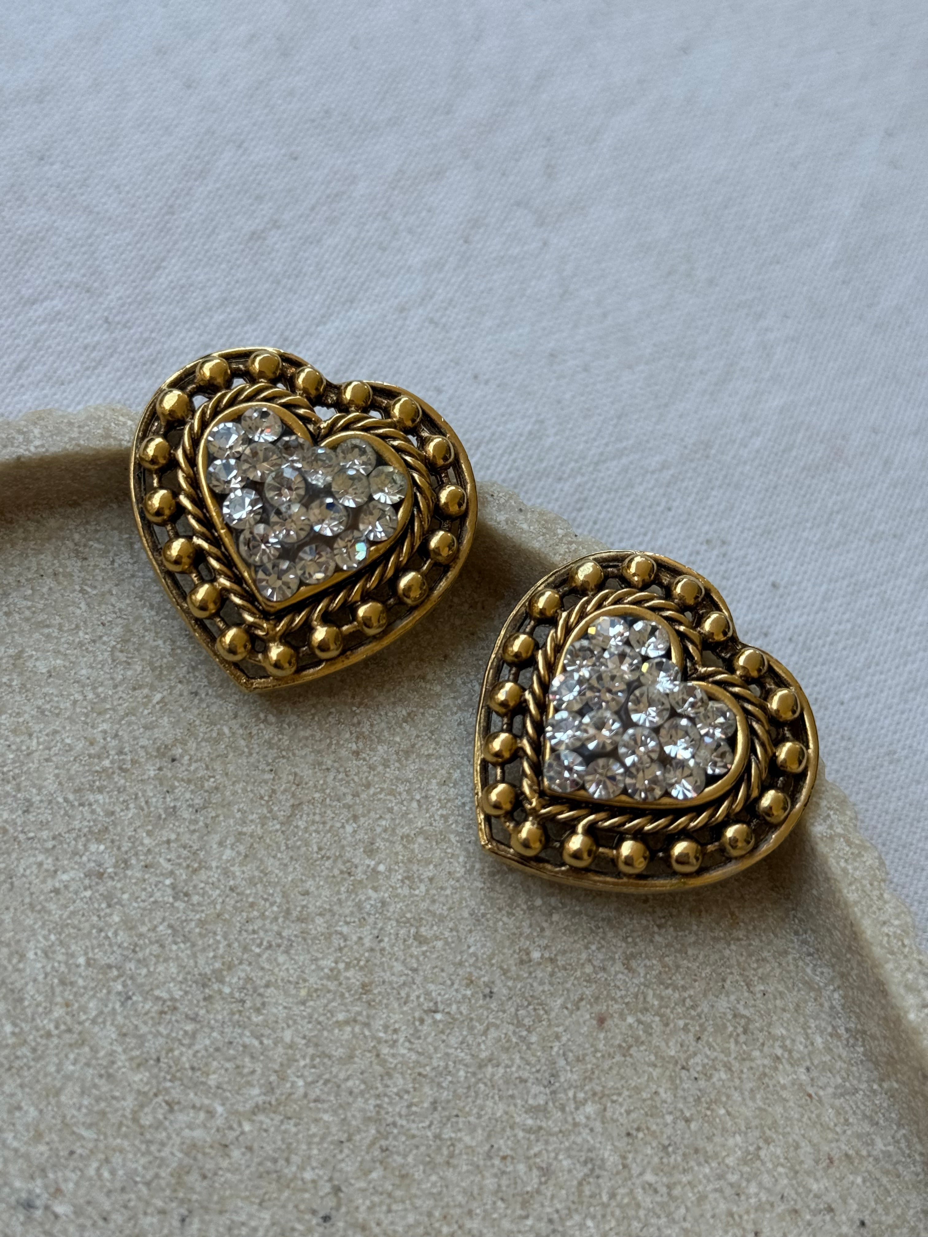 Vintage Earrings - Gold-Tone Hearts Adorned With Rhinestones