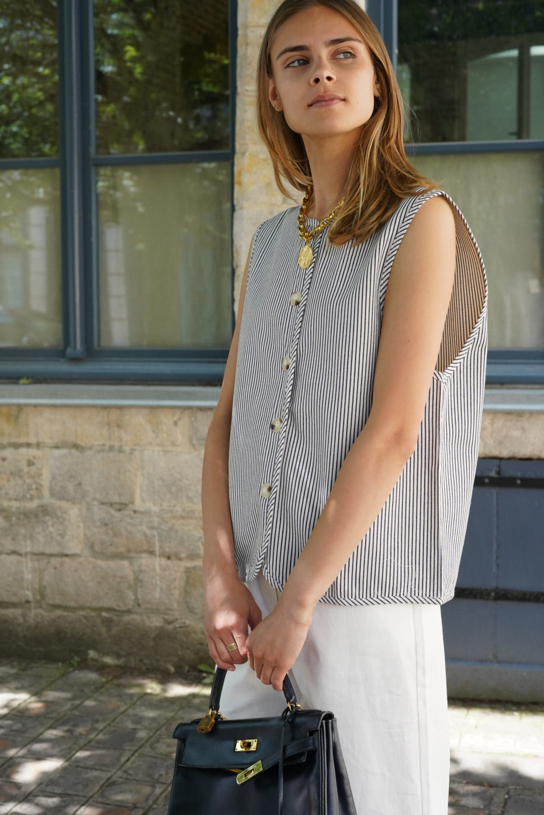 Baptiste Striped Sleeveless Vest Navy/Ecru