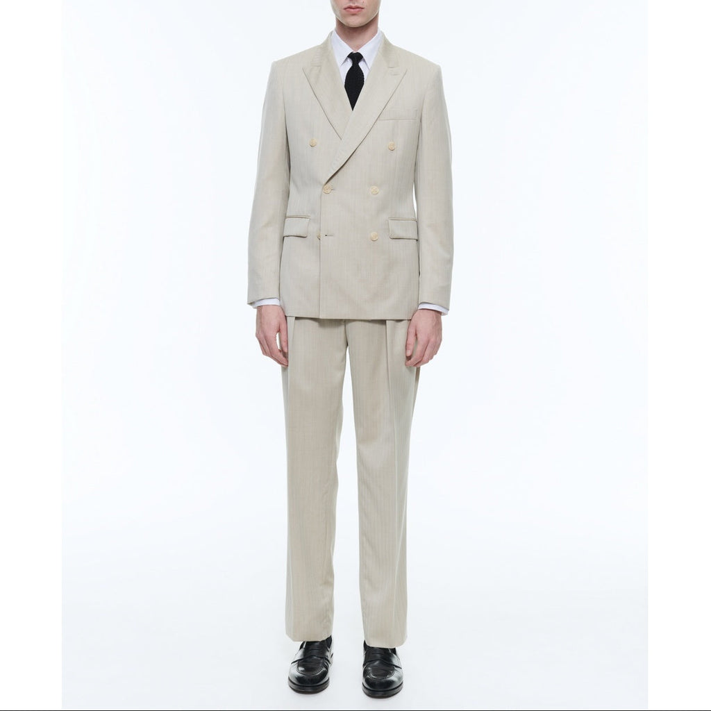 Herringbone Wool Double Breasted Suit - Beige - Herringbone Pattern