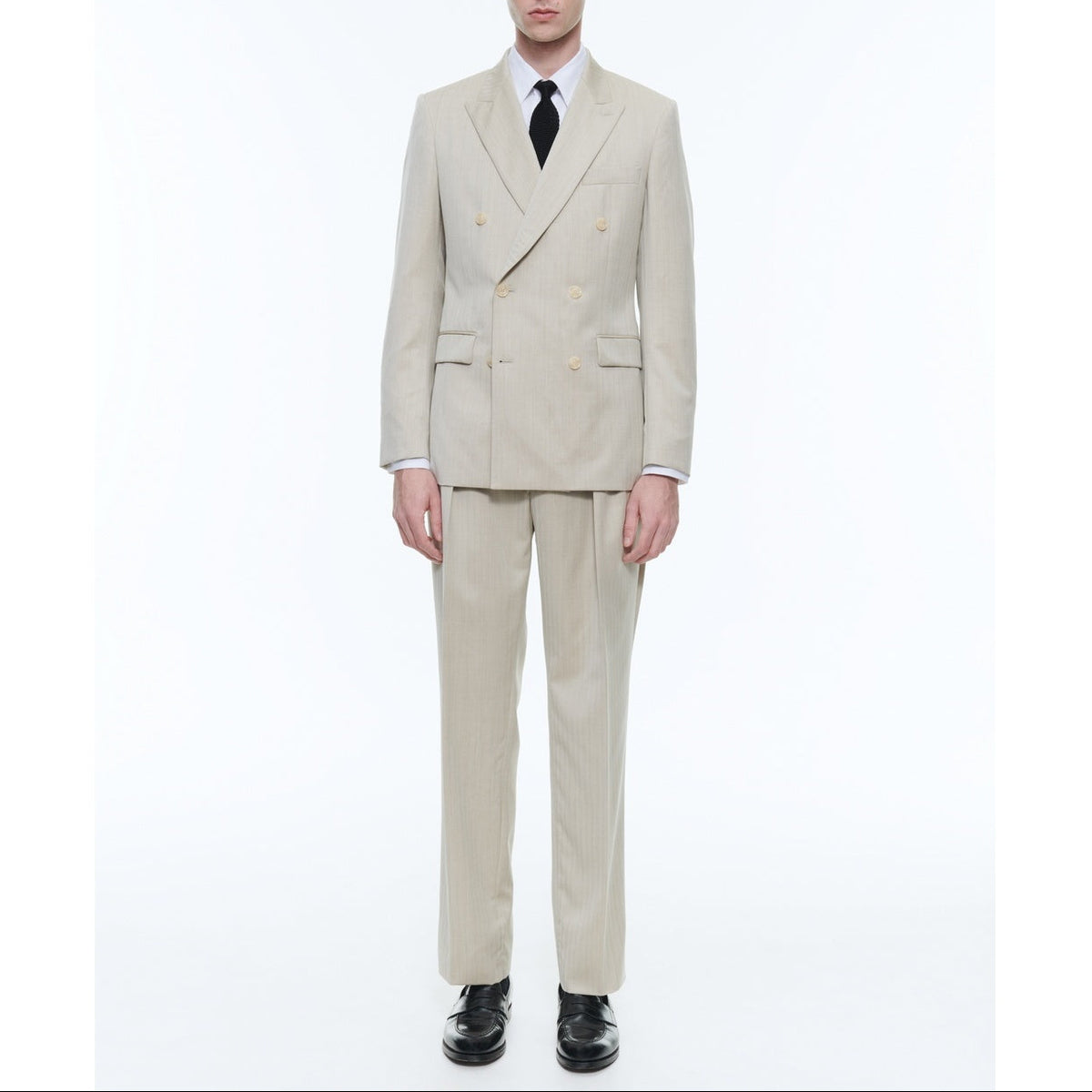 Herringbone Wool Double Breasted Suit - Beige - Herringbone Pattern