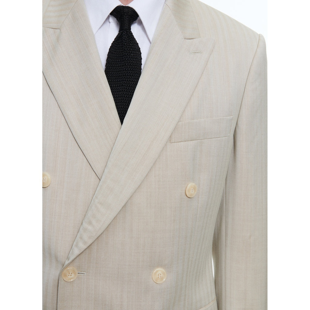 Herringbone Wool Double Breasted Suit - Beige - Herringbone Pattern